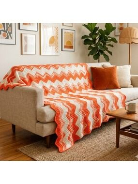 Vtg 70s XL Crochet Ripple Afghan Blanket 55x88 Bright Pink White Chevron Retro